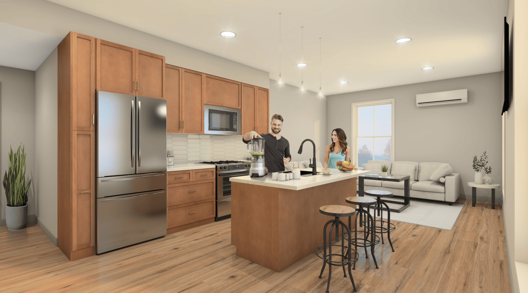 rendering of kitchen with people making food